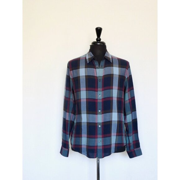 NEW! Vince Plaid Lightweight Button Front Shirt Navy Burgundy SZ M - Picture 1 of 6